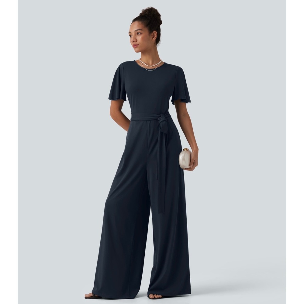 Halara Navy Blue Wide Leg Flutter Sleeve Tie Waist Keyhole Back Jumpsuit XL 16